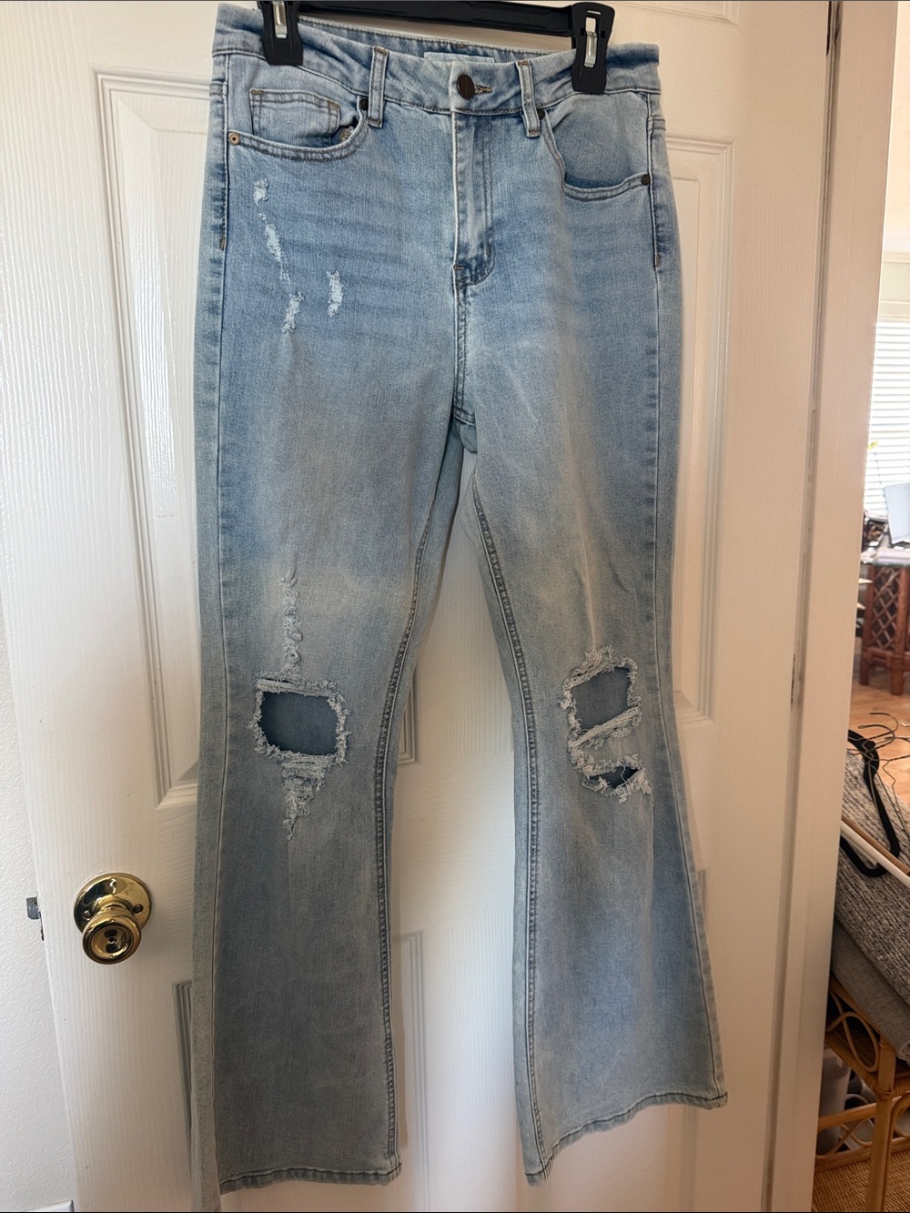 Light Blue Distressed Flare Jeans - Women's Wide Leg